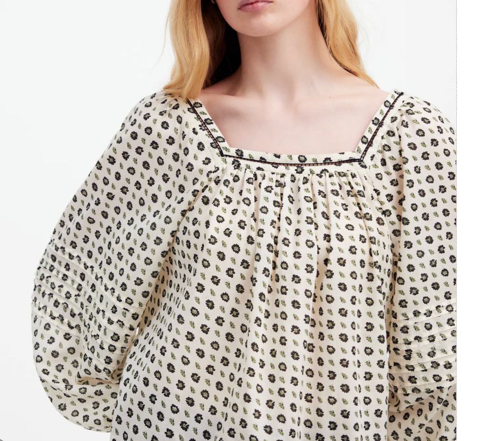 Madewell Square Neck Antique Cream Long-Sleeve Blouse Floral M Boxy Boho
